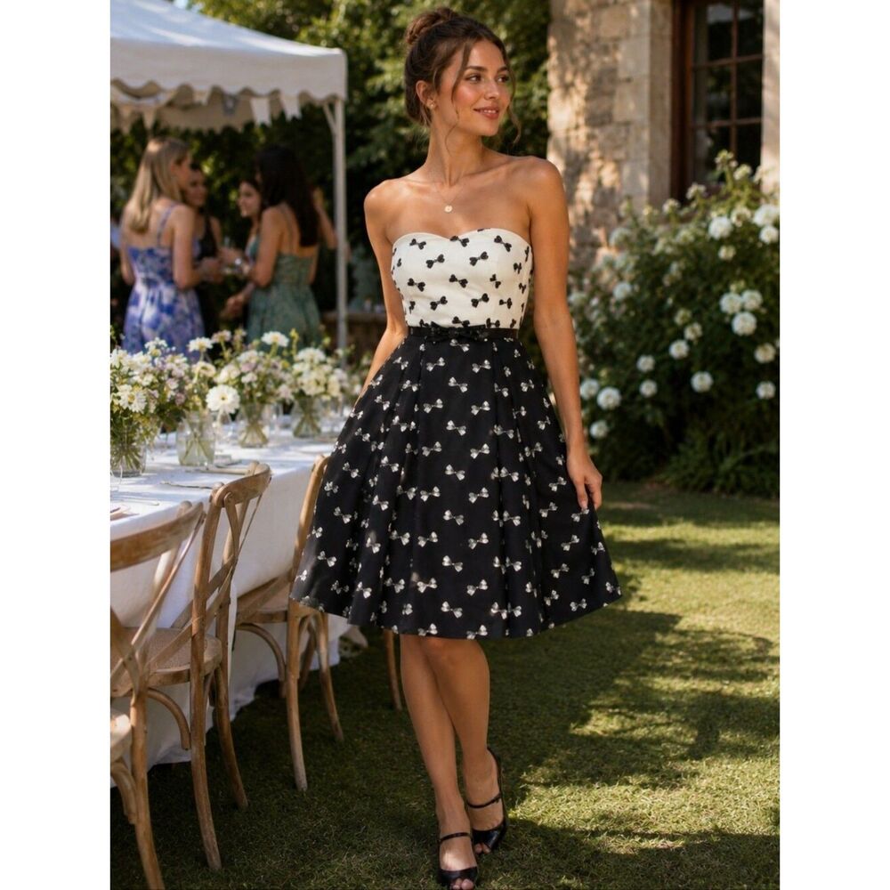 Navy White EUC Strapless Hobbs Invitation Bow Print Dress 12 Party Dance 50s